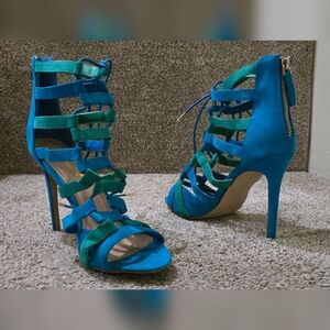 Shoe Dazzle Vibrant Blue and Green Strappy Heels
